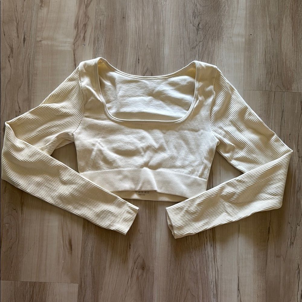 Cream Long Sleeve Ribbed Workout Top